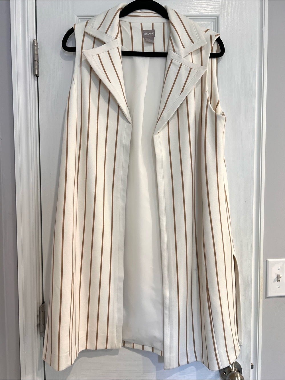 Chico's Longline Open Front Vest Cream Tan Pinstripe Elegant Chic Layering